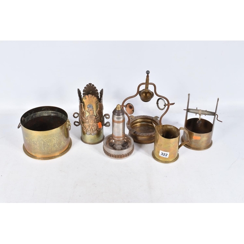 322 - SIX VARIOUS INTERESTING PIECES OF TRENCH ART, these include a 1938 dated wishing well and bucket, th... 