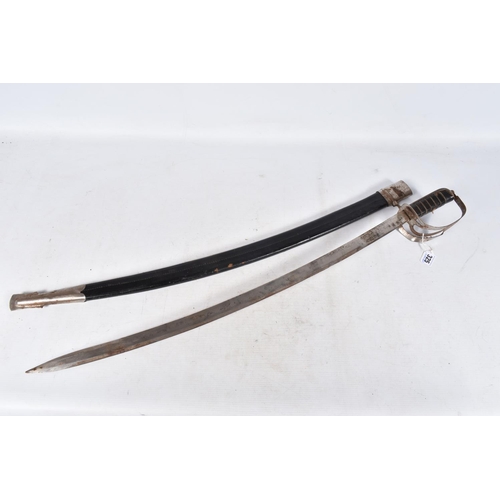 325 - A TWENTIETH CENTURY CURVED SWORD AND SCABBARD, THE BLADE IS etched and decorated but there is no pro... 