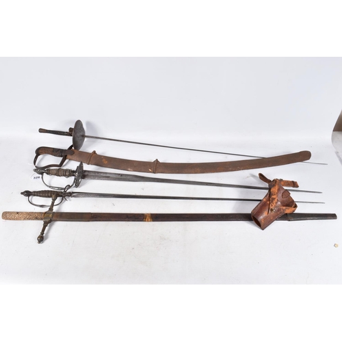 326 - FIVE VARIOUS SWORDS FROM VARIOUS ERAS TO INCLUDE A CURVED BLADED SWORD,  no markings, rusty scabbard... 