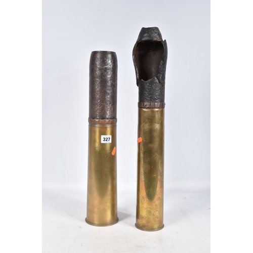 327 - TWO 18 POUNDER SHELL CASES, the first has a series of numbers and letters on the base to include L25... 