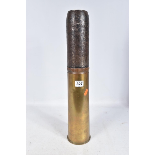 327 - TWO 18 POUNDER SHELL CASES, the first has a series of numbers and letters on the base to include L25... 