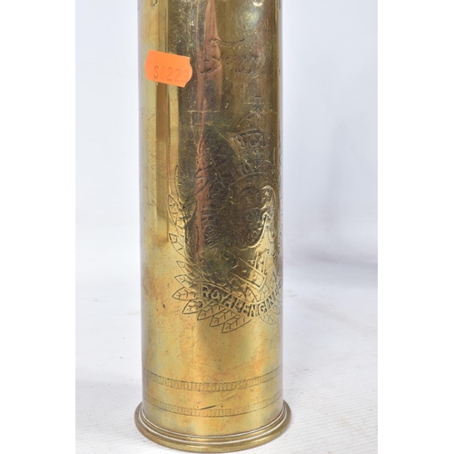 328 - FIVE PIECES OF TRENCH ART, to include three 2 pounder shells and two vases, the shells are dated 193... 