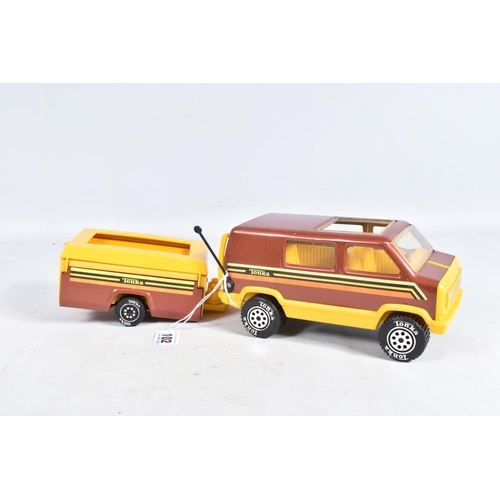 102 - A BOXED TONKA VAN & CAMPER SET / 2002, featuring a bronze coloured van and trailer with yellow detai... 