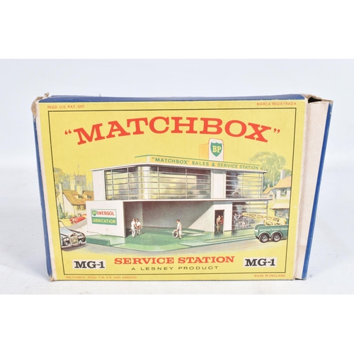 105 - A BOXED MATCHBOX SERVICE STATION, No.MG-1, later BP version with roof sign labels and detailed pictu... 