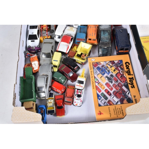 112 - THREE BOXES OF PLAYWORN CORGI, DINKY AND LLEDO, to include a Corgi Jeep FC-150 no. 470, in blue, a J... 