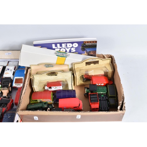 112 - THREE BOXES OF PLAYWORN CORGI, DINKY AND LLEDO, to include a Corgi Jeep FC-150 no. 470, in blue, a J... 