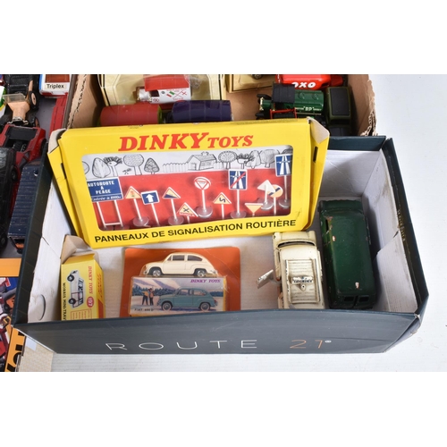 112 - THREE BOXES OF PLAYWORN CORGI, DINKY AND LLEDO, to include a Corgi Jeep FC-150 no. 470, in blue, a J... 