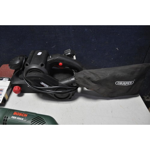 1058 - A DRAPER REDLINE BELT SANDER with two spare sanding belts (in good condition) along with Bosch PEB50... 