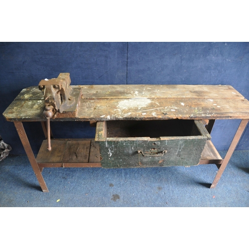 1082 - A STEEL FRAMED WORKBENCH with a single draw and Samsonia PERFECT vice No37 model J (some rust)