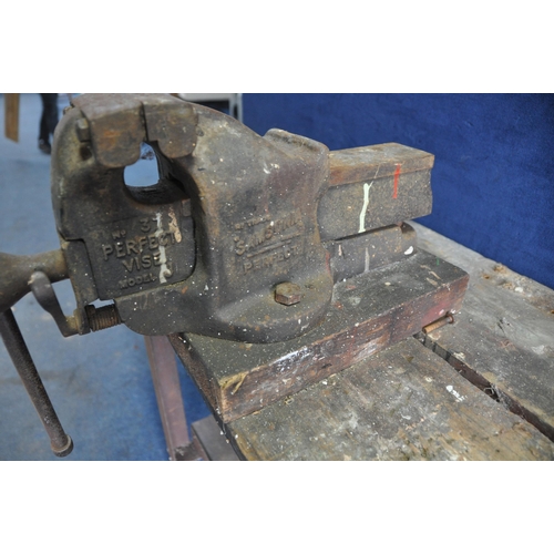 1082 - A STEEL FRAMED WORKBENCH with a single draw and Samsonia PERFECT vice No37 model J (some rust)