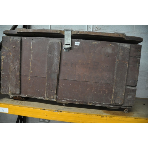 1085 - A VINTAGE WOODEN CHEST along with a wooden folding table with metal collapsing legs  (2)