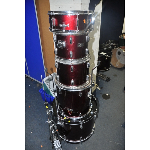 1114 - AN OLYMPIC BY PREMIER 5 PIECE DRUM KIT in metallic red comprising of a 22in x 16in Kick drum (requir... 