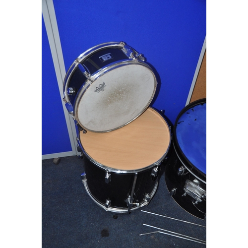 1115 - A FIVE PEICE DRUM KIT comprising a 22in x 15in kick drum (missing legs and lug nuts) ,two x 14in x 1... 