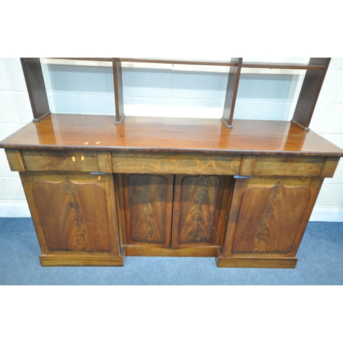 1202 - A VICTORIAN FLAME MAHOGANY SIDEBOARD, with three frieze drawers above four cupboard doors width 184c... 