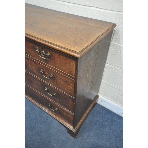 1204 - A GEORGIAN OAK CHEST OF TWO OVER THREE  DRAWERS, with later swan neck handles and escutcheons, on br... 