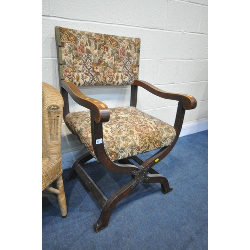 1211 - A MAHOGANY FRAMED SAVONAROLA CHAIR WITH OPEN ARM RESTS, width 63cm x depth 69cm x height 101cm (cond... 