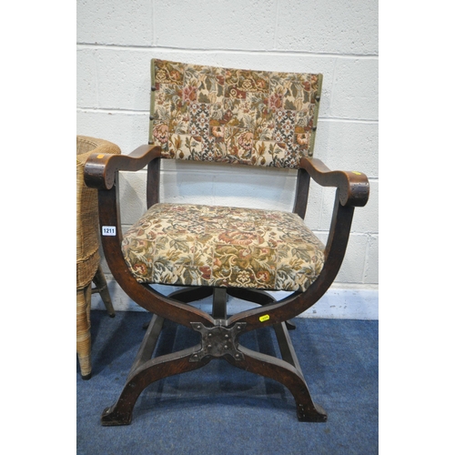 1211 - A MAHOGANY FRAMED SAVONAROLA CHAIR WITH OPEN ARM RESTS, width 63cm x depth 69cm x height 101cm (cond... 