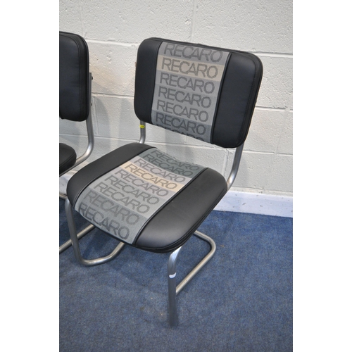 1220 - A SET OF FOUR CANTILEVER CHROME CHAIRS, reupholstered in leather effect material with Recaro decal (... 