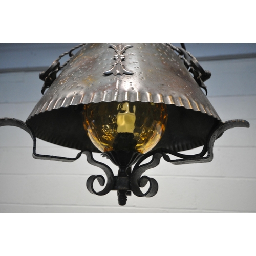 1223 - A WROUGHT IRON SHADE SHAPED CEILING LIGHT, with a yellow glass shade, along with a modern picture li... 