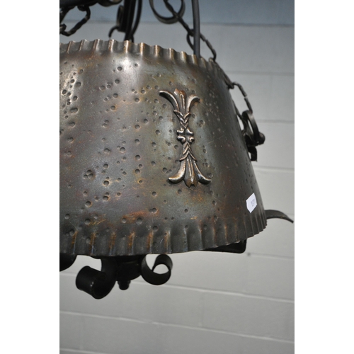 1223 - A WROUGHT IRON SHADE SHAPED CEILING LIGHT, with a yellow glass shade, along with a modern picture li... 