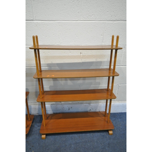 1226 - A PAIR OF MID CENTURY TEAK AND BEECH OPEN ROOM DIVIDING BOOKCASES, made up of four shelves joined by... 