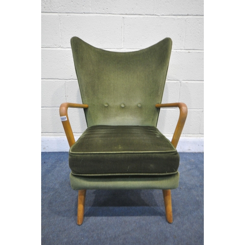 1227 - A MID CENTURY HOWARD KEITH BAMBINO ARMCHAIR, with beech open arm rest, labelled to under side, width... 