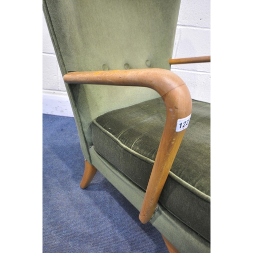 1227 - A MID CENTURY HOWARD KEITH BAMBINO ARMCHAIR, with beech open arm rest, labelled to under side, width... 