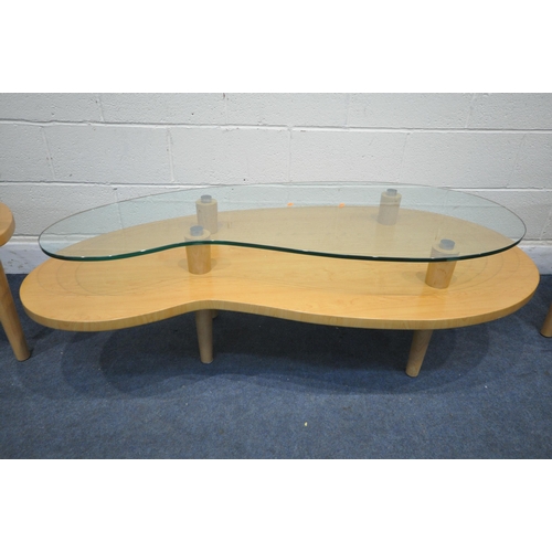 1254 - A PAIR OF MODERN BEECH AND GLASS YIN YANG SHAPED SIDE TABLES, along with a similar coffee table, wid... 