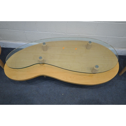 1254 - A PAIR OF MODERN BEECH AND GLASS YIN YANG SHAPED SIDE TABLES, along with a similar coffee table, wid... 