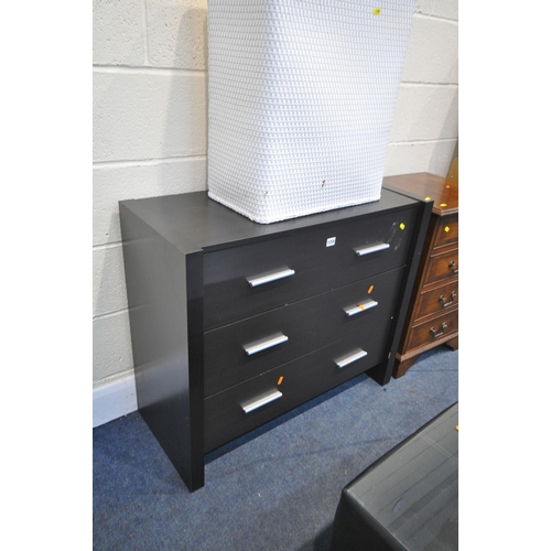 1258 - A BLACK FINISH CHEST OF THREE DRAWERS, width 88cm x depth 39cm x height 76cm, a yew wood hi-fi cabin... 