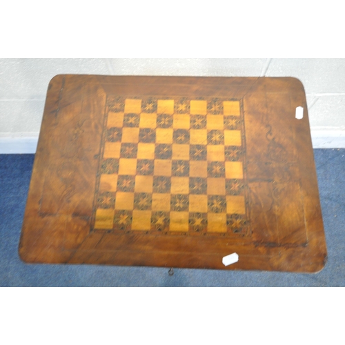 1261 - A LATE VICTORIAN BURR WALNUT WORK TABLE, with a games playing surface, swivel fold over top enclosin... 