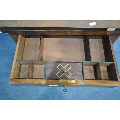 1261 - A LATE VICTORIAN BURR WALNUT WORK TABLE, with a games playing surface, swivel fold over top enclosin... 