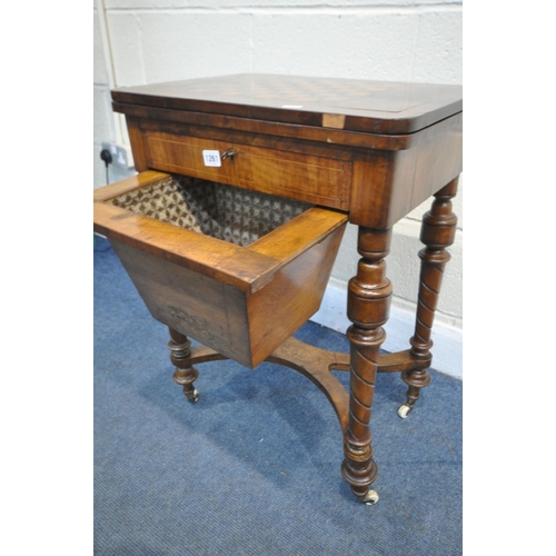 1261 - A LATE VICTORIAN BURR WALNUT WORK TABLE, with a games playing surface, swivel fold over top enclosin... 