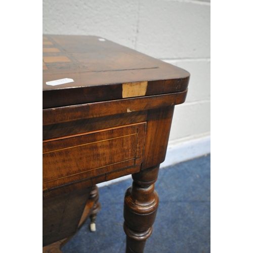 1261 - A LATE VICTORIAN BURR WALNUT WORK TABLE, with a games playing surface, swivel fold over top enclosin... 