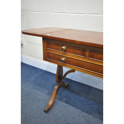 1264 - A YEW WOOD DROP LEAF SOFA TABLE, with three drawers, open width 110cm x depth 67cm x depth 46cm x he... 