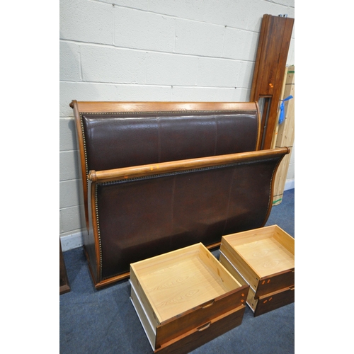 1269 - A HARDWOOD AND BROWN LEATHER 5FT SLEIGH BEDSTEAD, with side rails with four drawers, and pine slats,... 