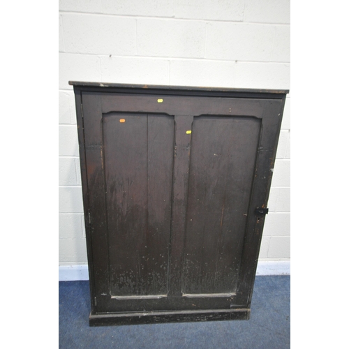 1274 - AN OPPOSING PAIR OF EARLY 20TH CENTURY STAINED PINE PANELLED SINGLE DOOR CUPBOARD, enclosing an arra... 