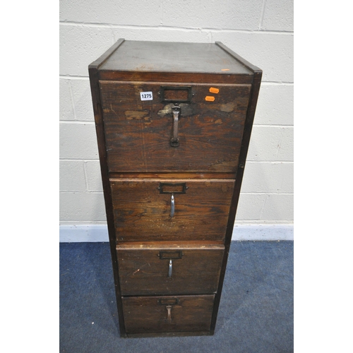 1275 - AN EARLY 20TH CENTURY OAK FOUR DRAWER FILING CABINET, width 46cm x depth 65cm x height 125cm