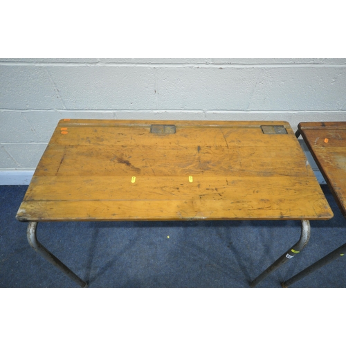 1278 - TWO MID CENTURY BEECH SCHOOL DESKS, on tubular legs, length 102cm x depth 106cm x height 67cm (condi... 