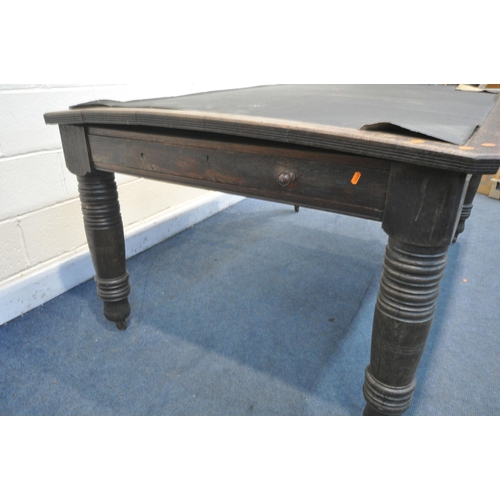 1279 - A LARGE 19TH CENTURY OAK LIBRARY TABLE, with a leatherette writing surface, with a frieze drawer at ... 