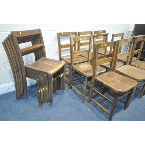 1281 - NINE STAINED BEECH CHURCH CHAIRS, along with five beech stacking chairs (condition:-all chairs with ... 