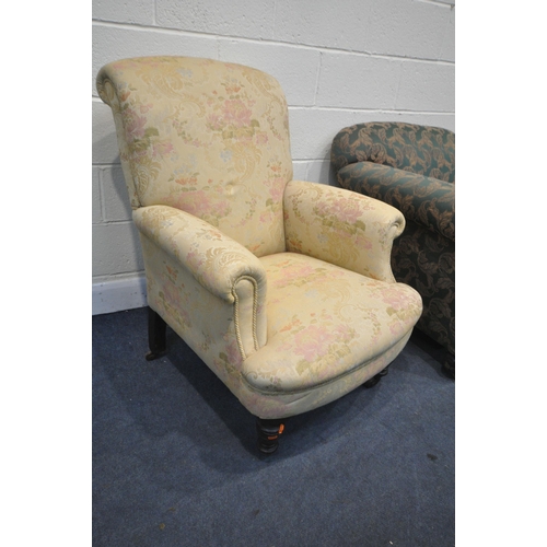 1286 - A LATE VICTORIAN ARMCHAIR, on turned front legs, and ceramic casters, width 78cm x depth 92cm x heig... 