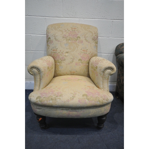 1286 - A LATE VICTORIAN ARMCHAIR, on turned front legs, and ceramic casters, width 78cm x depth 92cm x heig... 