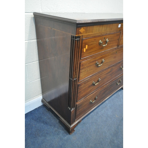 1290 - A GEORGIAN MAHOGANY AND INLAID CHEST OF TWO SHORT OVER THREE LONG DRAWERS, with brass swan neck hand... 