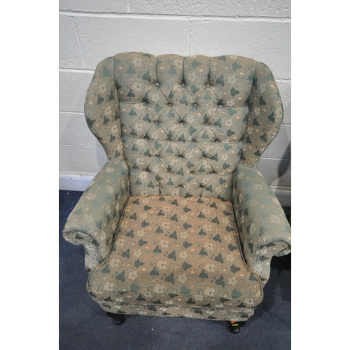 1293 - A GREEN FLORAL UPHOLSTERED THREE PIECE LOUNGE SUITE, comprising a two seater sofa, length 137cm x de... 