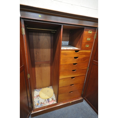 1295 - AN EDWARDIAN MAHOGANY AND INLAID WARDROBE, with overhanging cornice, double doors enclosing an arran... 