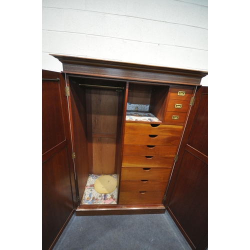 1295 - AN EDWARDIAN MAHOGANY AND INLAID WARDROBE, with overhanging cornice, double doors enclosing an arran... 