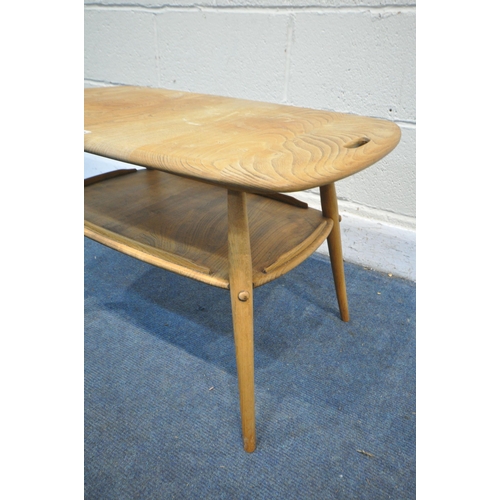 1302 - AN ERCOL ELM TRAY COFFEE TABLE, with twin handles, on cylindrical uprights, and undershelf, width 73... 