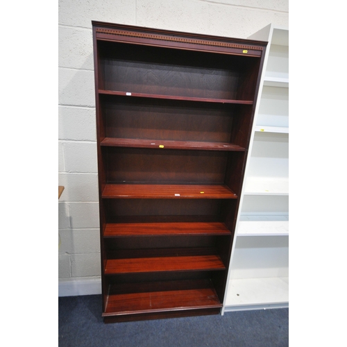 1304 - A PAIR OF MODERN WHITE OPEN BOOKCASES, width 80cm x depth 28cm x height 203cm, and a mahogany open b... 