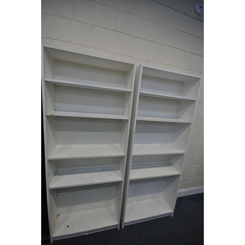 1304 - A PAIR OF MODERN WHITE OPEN BOOKCASES, width 80cm x depth 28cm x height 203cm, and a mahogany open b... 